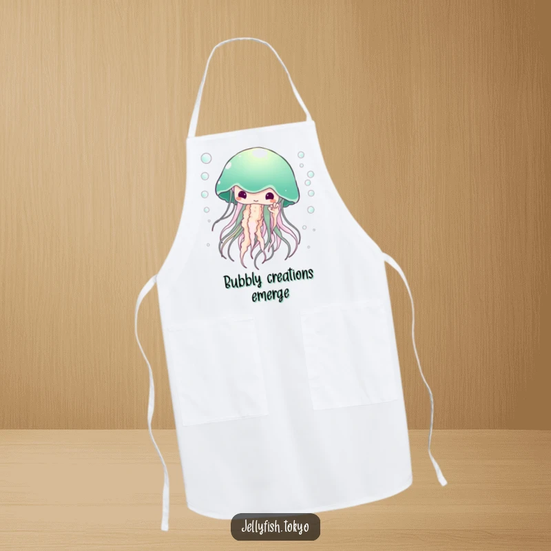 Funny Apron: Large ethereal jellyfish, emerald green kimono, surrounded by tiny bubbles, humorous kitchen wear.