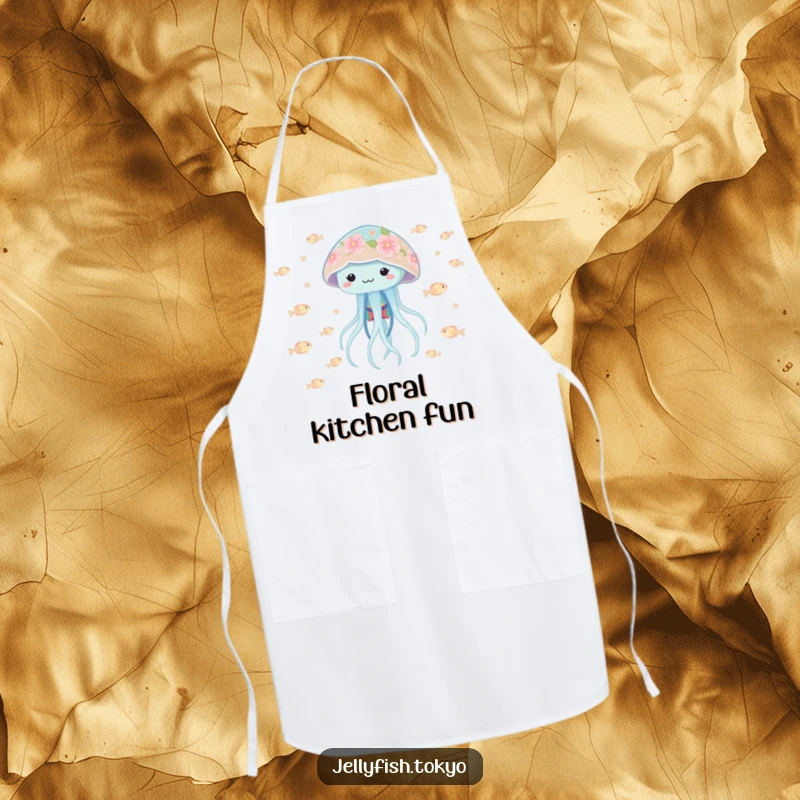 Funny playful jellyfish wearing a floral kimono, bobbing with tiny glowing fish, on a fun and functional apron.
