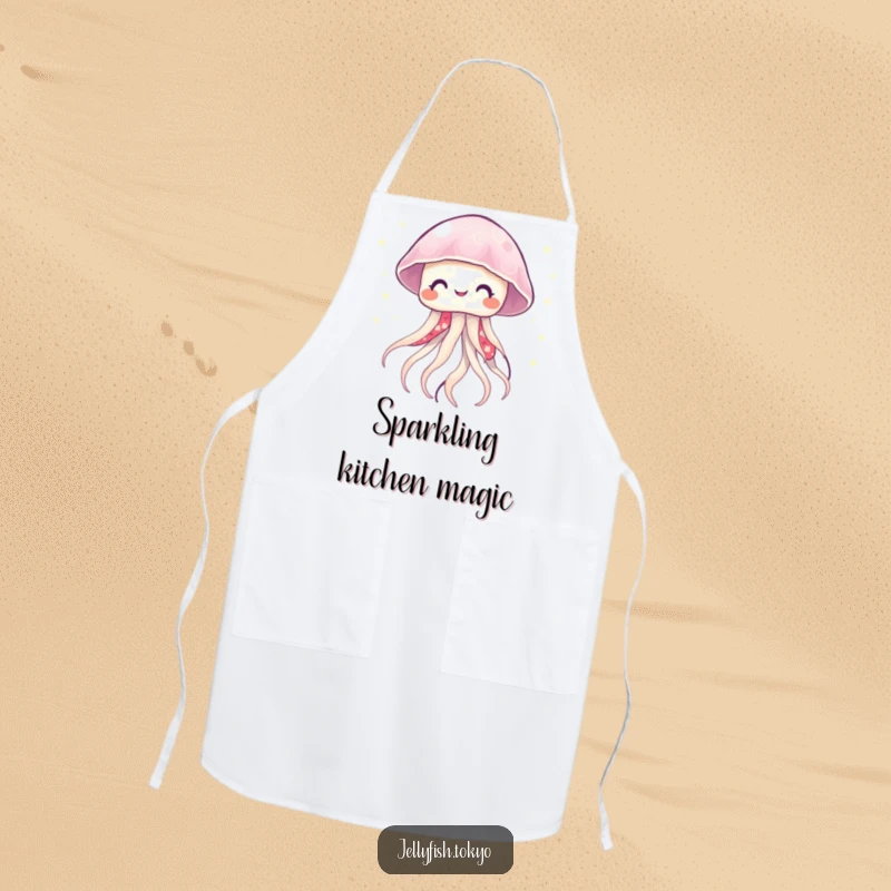 Funny smiling jellyfish wearing a vibrant kimono, emitting twinkling lights, on a cheerful and practical kitchen apron.