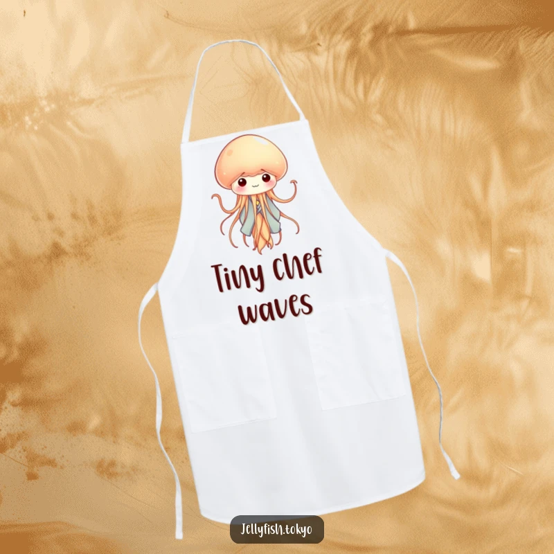 Funny tiny jellyfish wearing a miniature kimono, waving tentacles like ribbons, on a fun and functional apron.