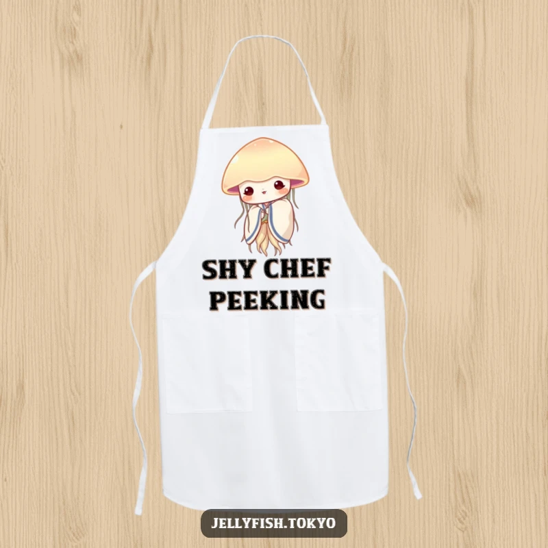 Funny shy jellyfish wearing a soft kimono, peeking from behind a translucent fan, on a cute and functional apron.