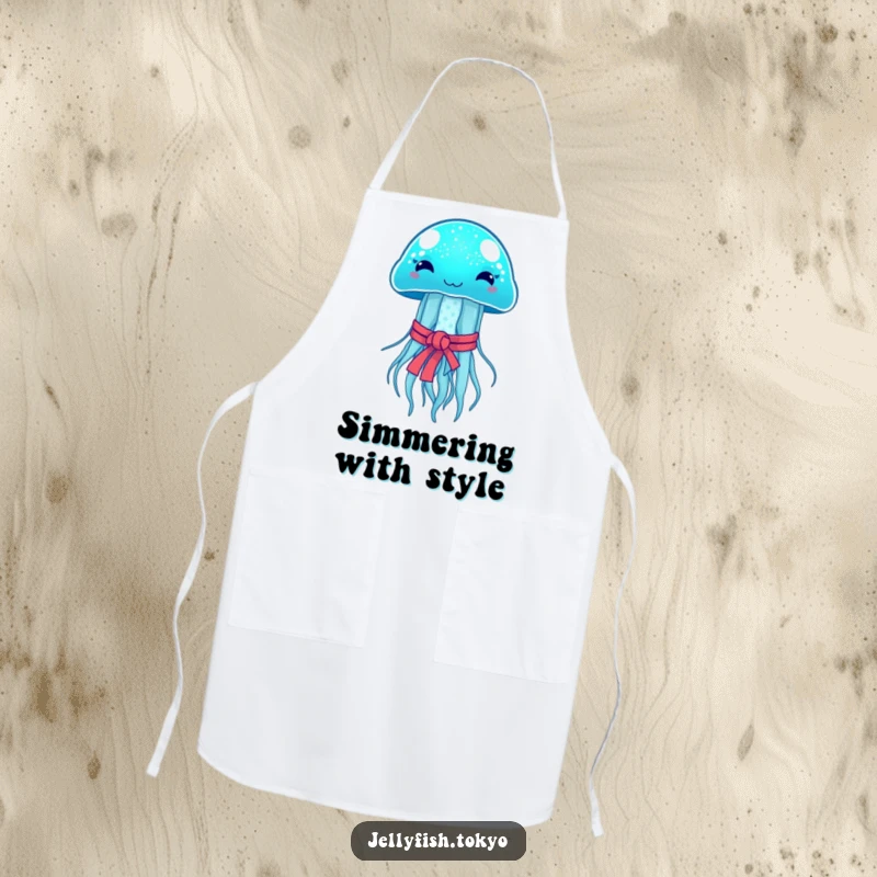 Funny Apron: Sparkling blue jellyfish, Japanese obi, emitting soft glow, humorous kitchen wear.