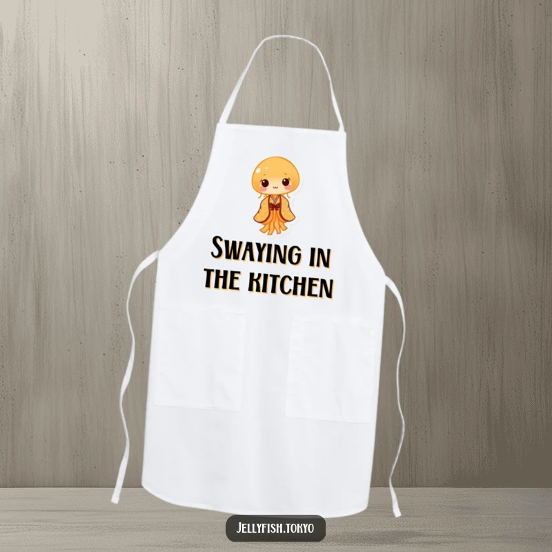 Funny Apron: Tiny orange jellyfish, patterned kimono, performing gentle sway, humorous kitchen wear.