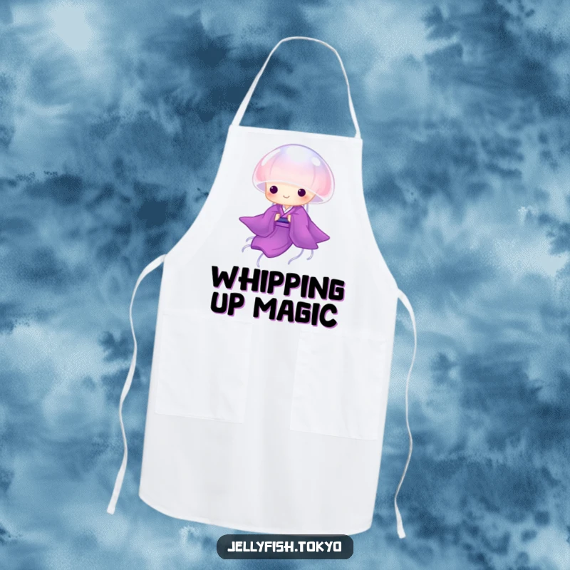 Funny Apron: Translucent purple kimono jellyfish gracefully drifting, humorous kitchen wear for cooking fun.