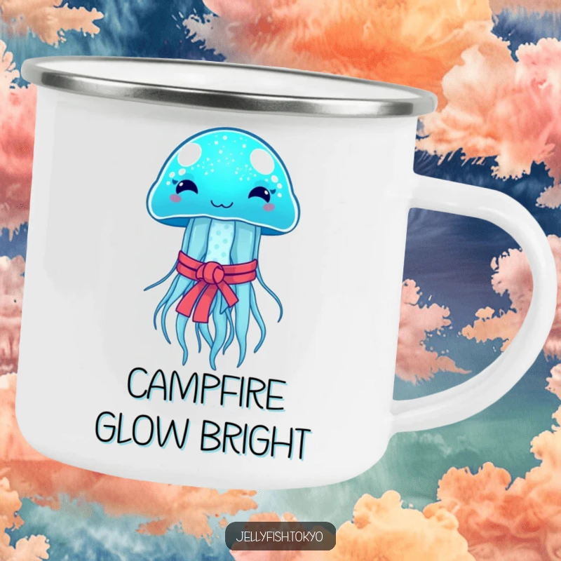 Funny Camping Mug: Sparkling blue jellyfish, Japanese obi, emitting soft glow, humorous outdoor wear.