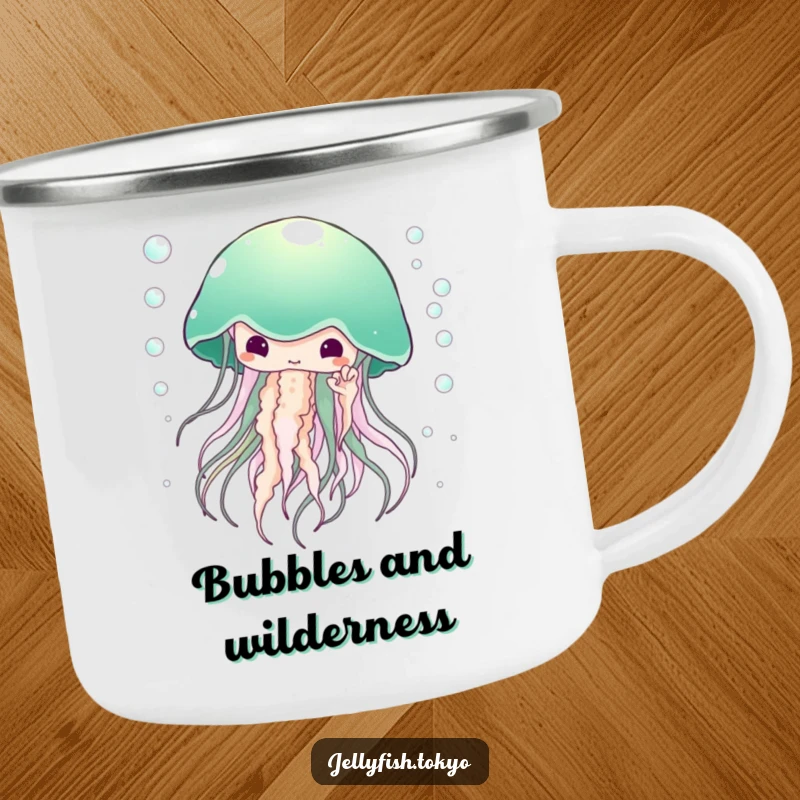 Funny Camping Mug: Large ethereal jellyfish, emerald green kimono, surrounded by tiny bubbles, humorous outdoor wear.