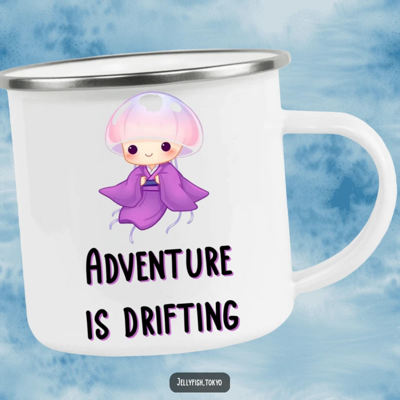 Funny Camping Mug: Translucent purple kimono jellyfish gracefully drifting, humorous outdoor drinkware.