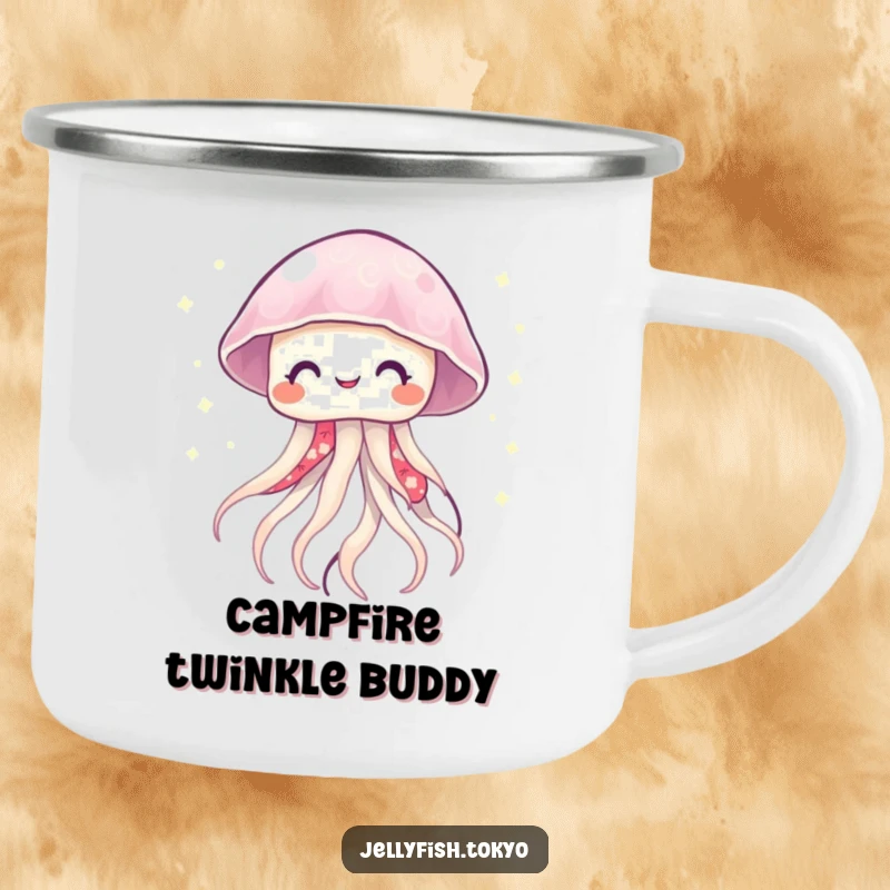 Funny smiling jellyfish in a vibrant kimono, emitting twinkling lights, on a durable camping mug.