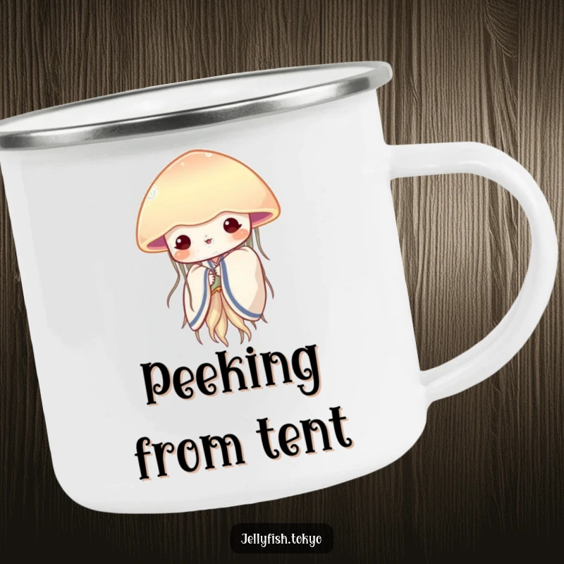 Funny shy jellyfish in a soft kimono, peeking from behind a translucent fan, on a durable camping mug.