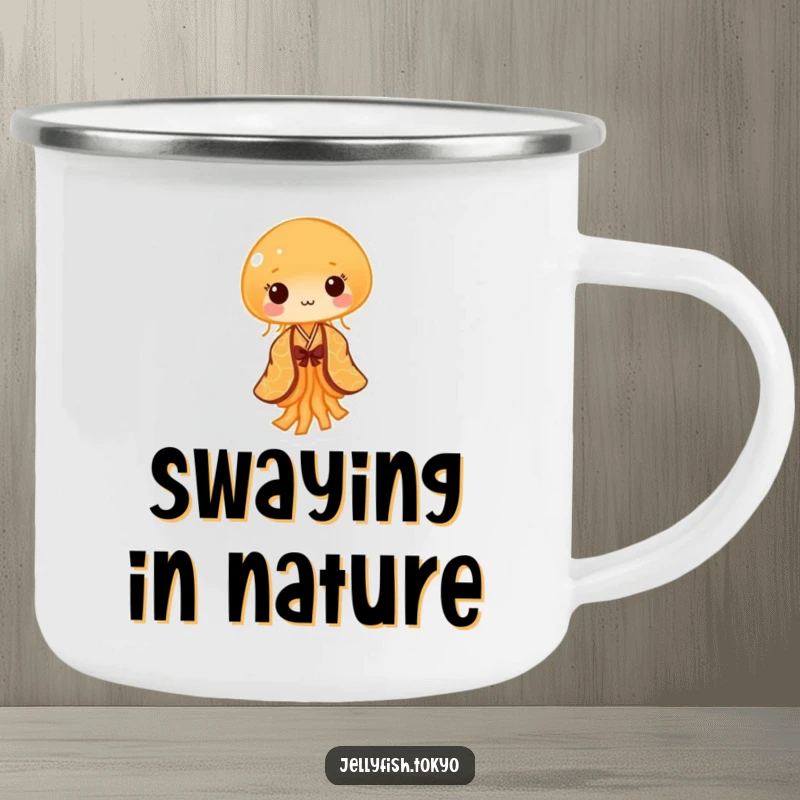 Funny Camping Mug: Tiny orange jellyfish, patterned kimono, performing gentle sway, humorous outdoor wear.