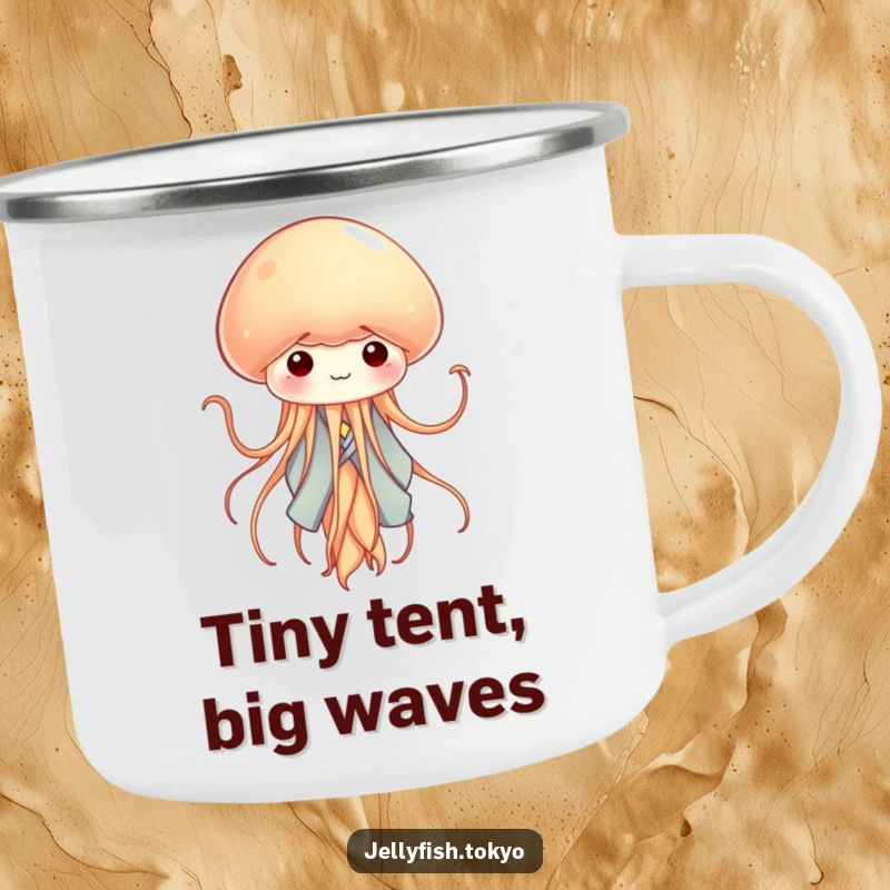 Funny tiny jellyfish in a miniature kimono, waving tentacles like ribbons, on a durable camping mug.