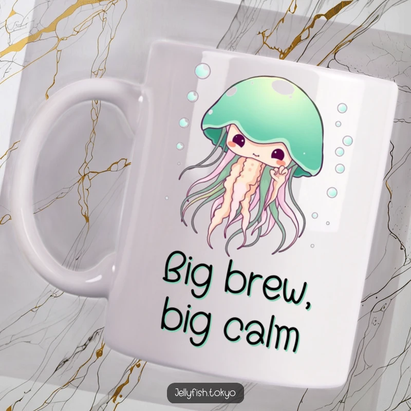 Funny Mug: Large ethereal emerald green kimono jellyfish surrounded by tiny bubbles, serene and humorous.