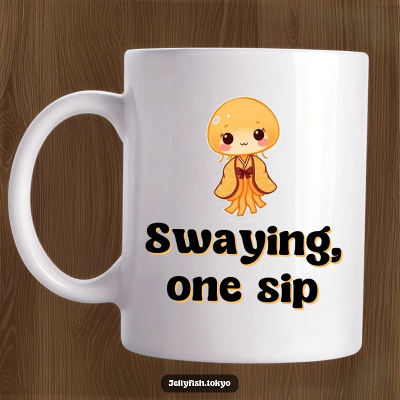 Funny Mug: Tiny orange jellyfish in patterned kimono, performing gentle sway, cute and humorous design.