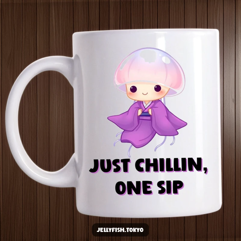 Funny Mug: Translucent purple kimono jellyfish gracefully drifting, elegant and humorous water art.