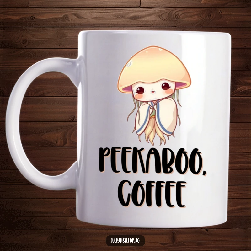 Funny shy jellyfish in a soft kimono, peeking from behind a translucent fan, a sweet and modest mug design.