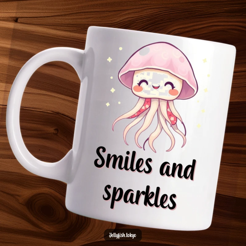 Funny smiling jellyfish in a vibrant kimono, emitting soft, twinkling lights like fireflies, a cheerful mug design.