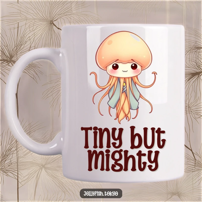 Funny tiny jellyfish in a miniature kimono, waving tentacles like ribbons, a cute and graceful design for a mug.