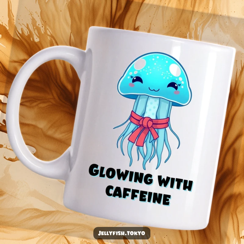 Funny Mug: Sparkling blue jellyfish with Japanese obi, emitting soft glow, serene and humorous design.