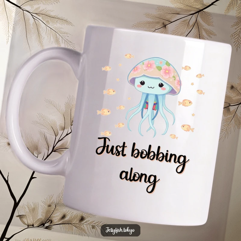 Funny playful jellyfish in a floral kimono, bobbing amidst tiny glowing fish, a fun and vibrant mug design.