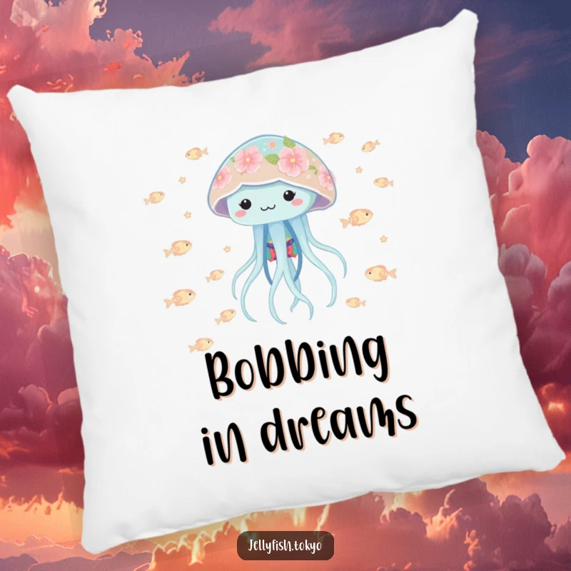 Funny playful jellyfish in a floral kimono, bobbing with glowing fish, adorning a comfortable and decorative pillow.