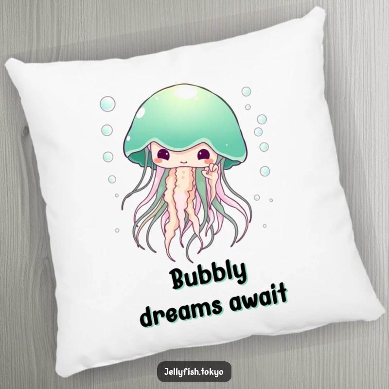 Funny Pillow: Large ethereal jellyfish, emerald green kimono, surrounded by tiny bubbles, soft and humorous.
