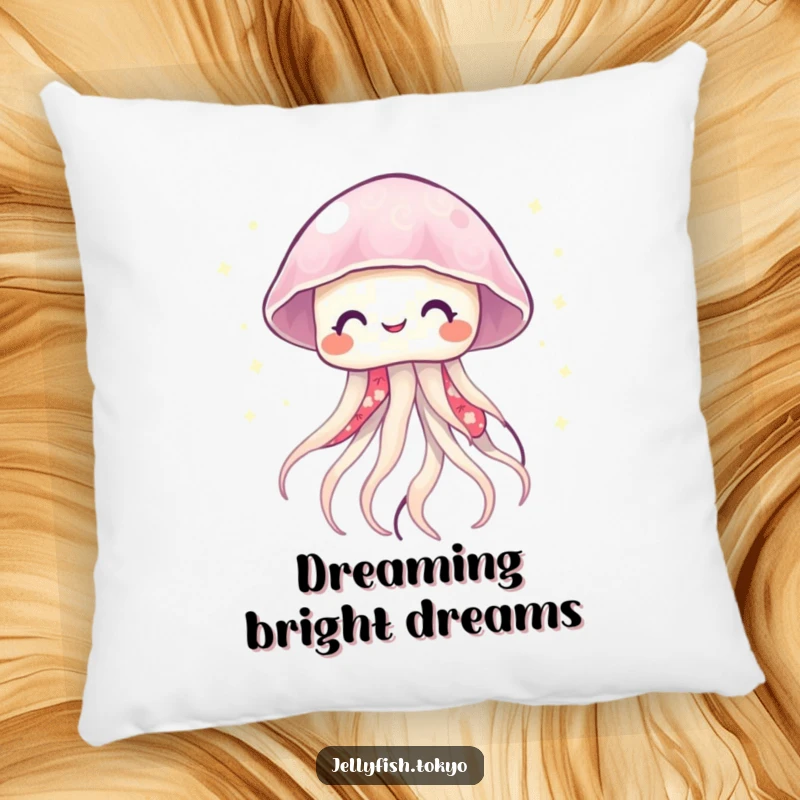Funny smiling jellyfish in a vibrant kimono, emitting soft, twinkling lights, adorning a comfortable and decorative pillow.