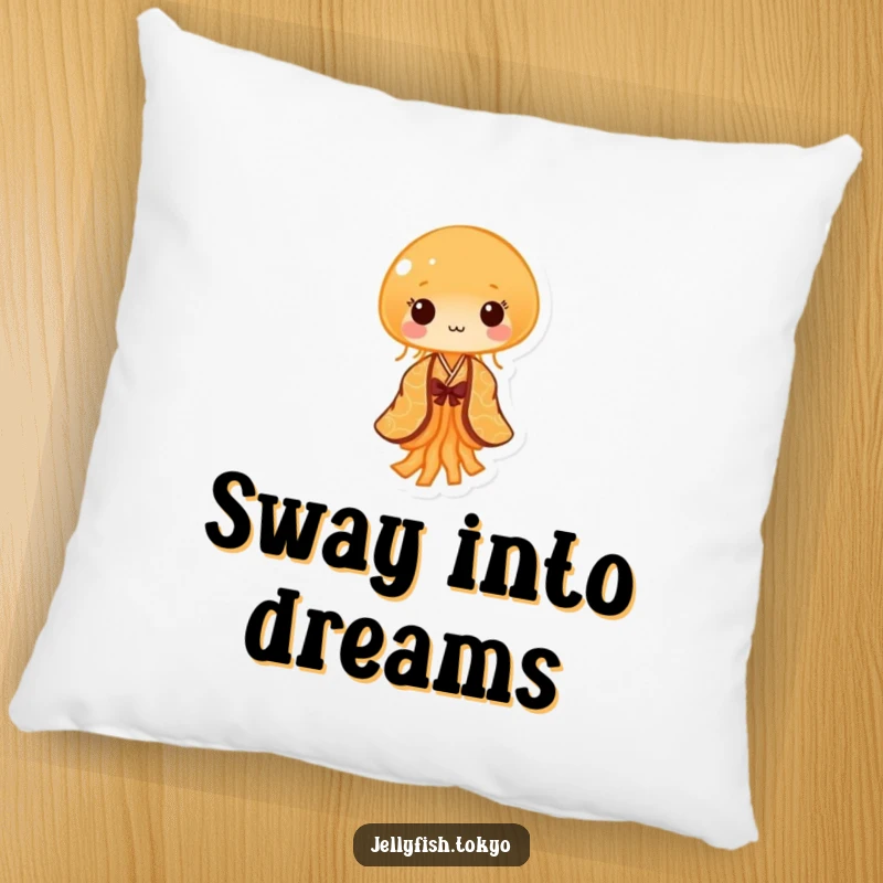 Funny Pillow: Tiny orange jellyfish, patterned kimono, performing gentle sway, soft and humorous accent.