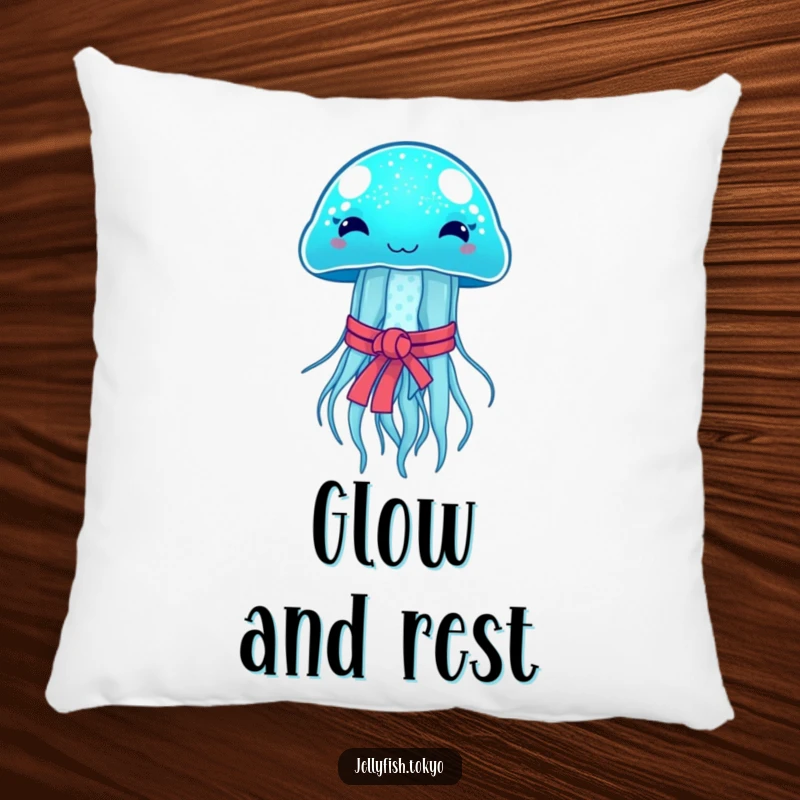 Funny Pillow: Sparkling blue jellyfish, Japanese obi, emitting soft glow, soft and humorous accent.
