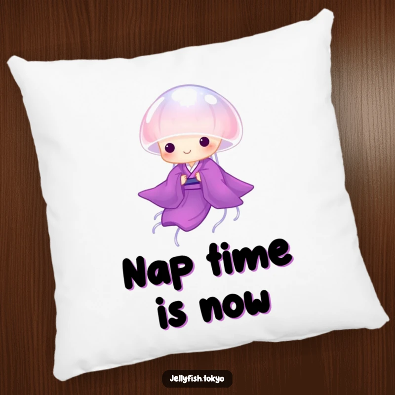 Funny Pillow: Translucent purple kimono jellyfish gracefully drifting, soft and humorous decorative accent pillow.
