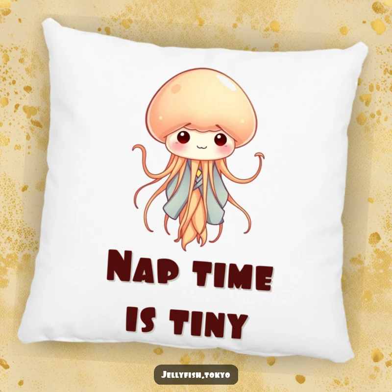 Funny tiny jellyfish in a miniature kimono, waving tentacles like ribbons, adorning a soft and cozy pillow.