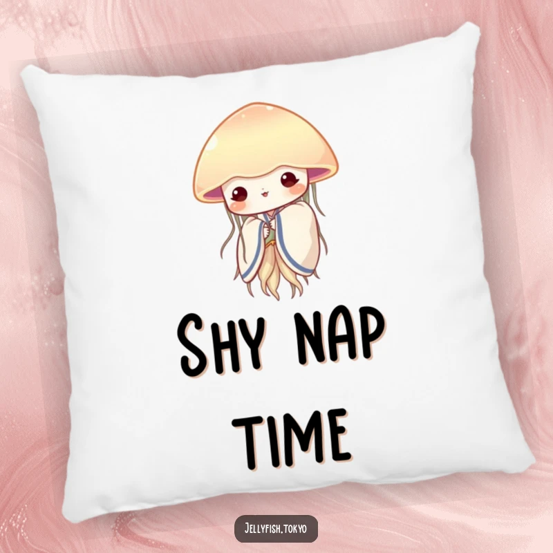 Funny shy jellyfish in a soft kimono, peeking from behind a translucent fan, adorning a comfortable and decorative pillow.