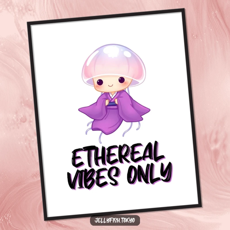 Funny Digital Art Print: Translucent purple kimono jellyfish gracefully drifting, elegant and humorous artwork.