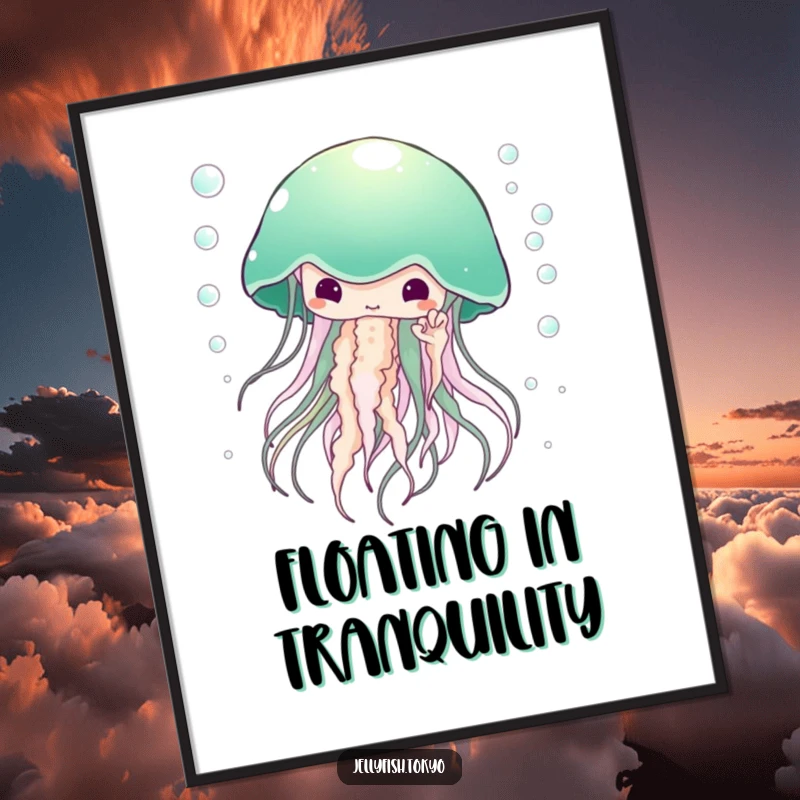 Funny Digital Art Print: Large ethereal jellyfish, emerald green kimono, surrounded by tiny bubbles, humorous art.