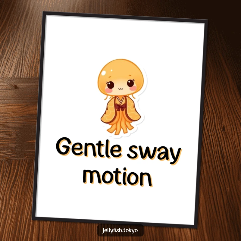 Funny Digital Art Print: Tiny orange jellyfish, patterned kimono, performing gentle sway, humorous art.