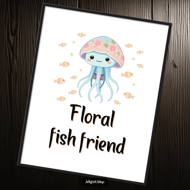 Funny playful jellyfish in a floral kimono, bobbing amidst tiny, glowing fish, a vibrant digital art print.