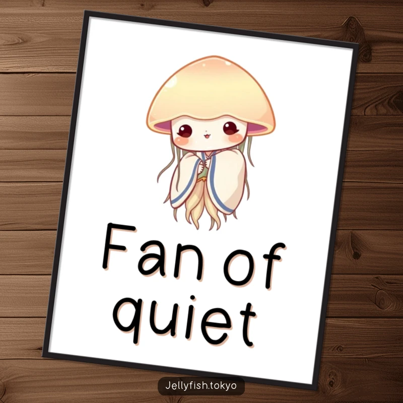 Funny shy jellyfish in a soft kimono, peeking from behind a translucent fan, a delicate digital art print.