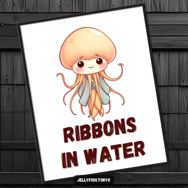 Funny tiny jellyfish in a miniature kimono, gracefully waving its tentacles like ribbons, a whimsical digital art print.