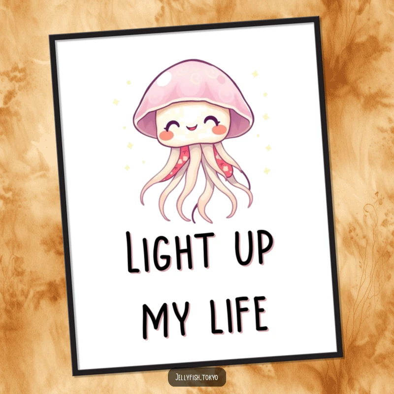 Funny smiling jellyfish in a vibrant kimono, emitting soft, twinkling lights like fireflies, a vibrant digital art print.