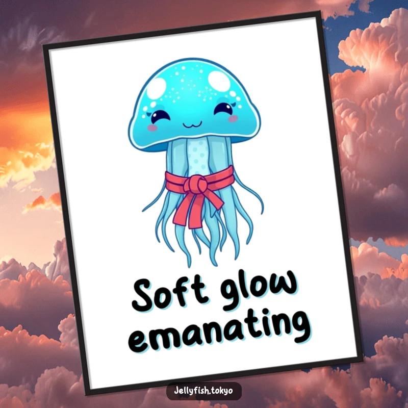Funny Digital Art Print: Sparkling blue jellyfish, Japanese obi, emitting soft glow, humorous art.
