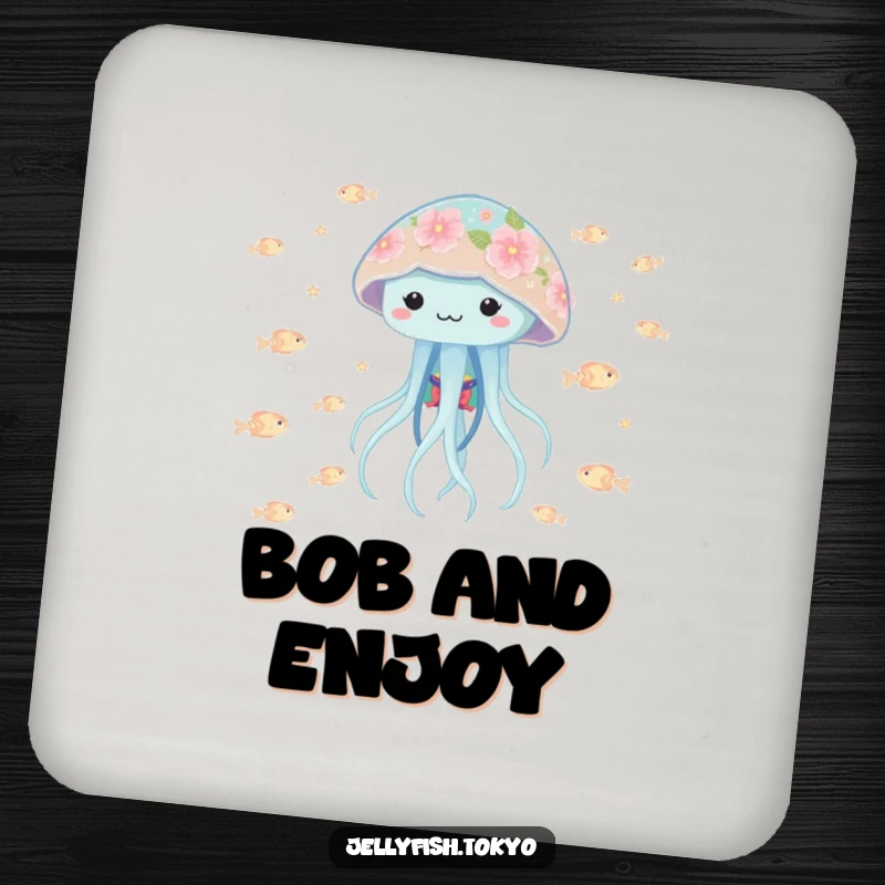 Funny playful jellyfish in a floral kimono, bobbing amidst tiny glowing fish, featured on a protective drink coaster.