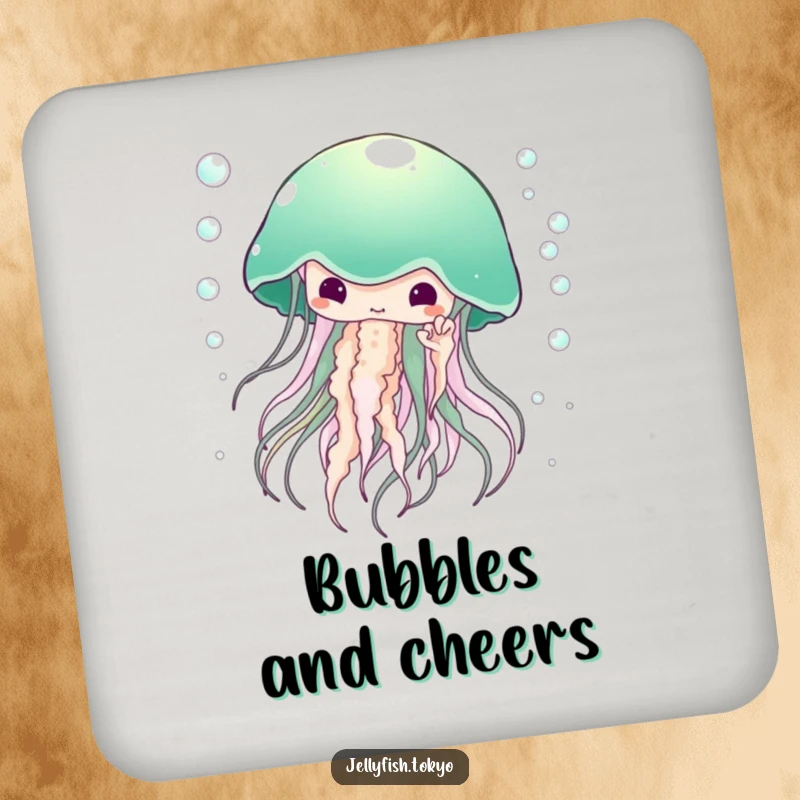 Funny Coaster: Large ethereal jellyfish, emerald green kimono, surrounded by tiny bubbles, humorous table protector.