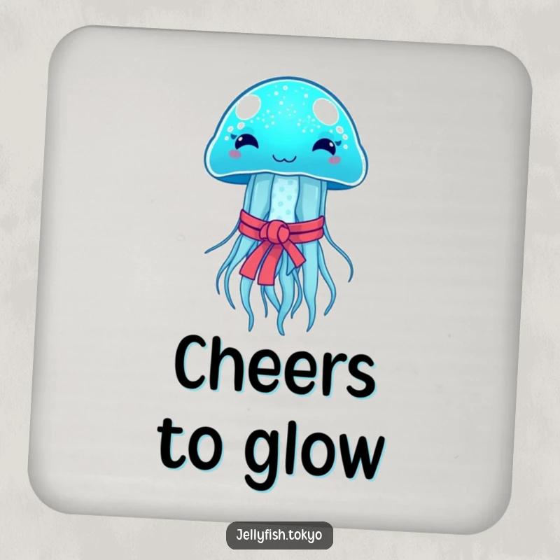 Funny Coaster: Sparkling blue jellyfish, Japanese obi, emitting soft glow, humorous table protector.