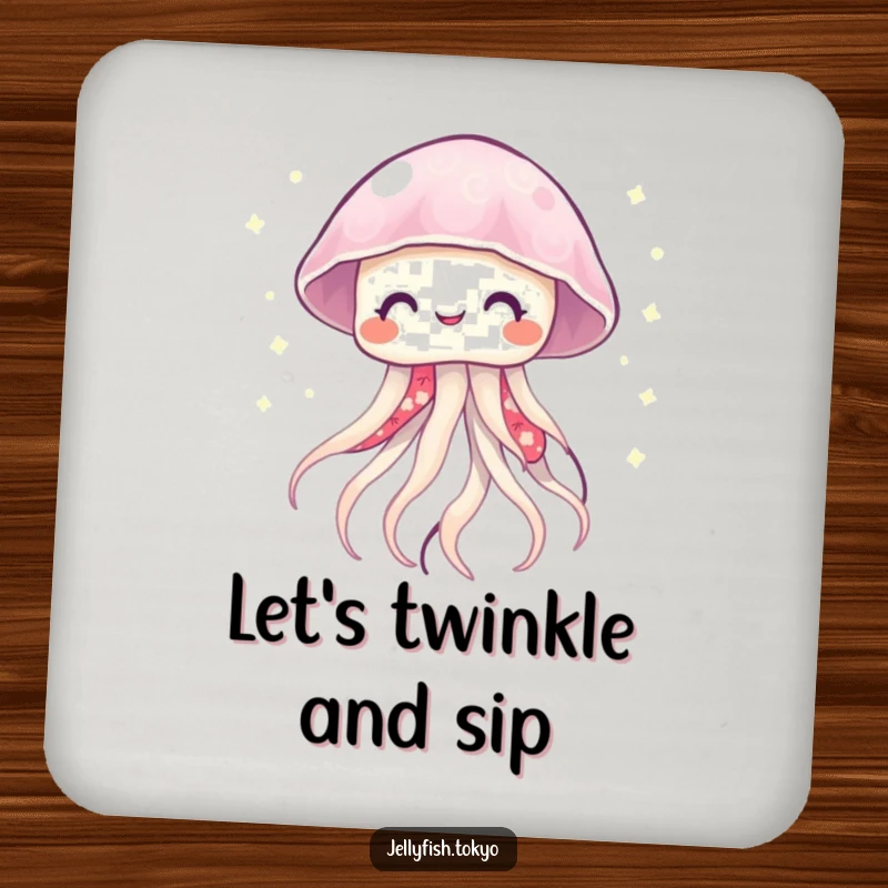 Funny smiling jellyfish in a vibrant kimono, emitting soft, twinkling lights, featured on a protective drink coaster.