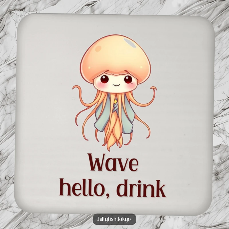 Funny tiny jellyfish in a miniature kimono, waving tentacles like ribbons, featured on a protective drink coaster.