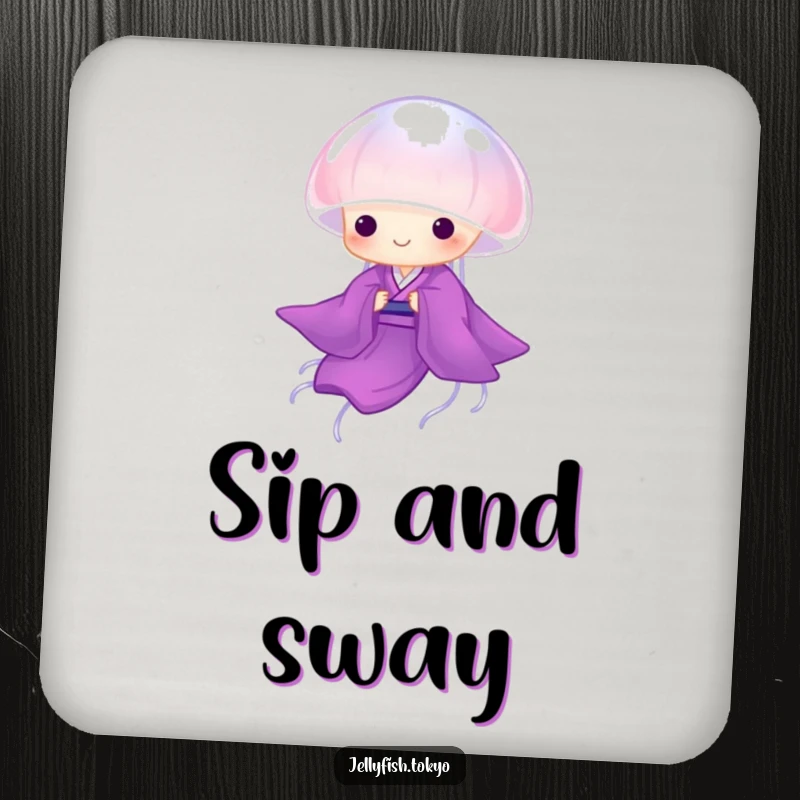 Funny Coaster: Translucent purple kimono jellyfish gracefully drifting, humorous table protection.