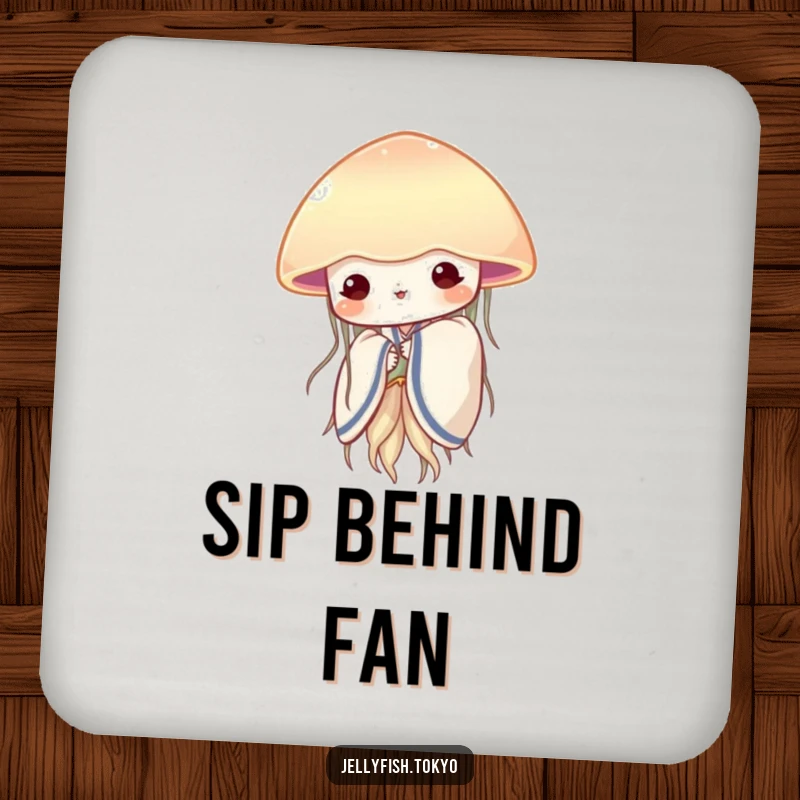Funny shy jellyfish in a soft kimono, peeking from behind a translucent fan, featured on a protective drink coaster.