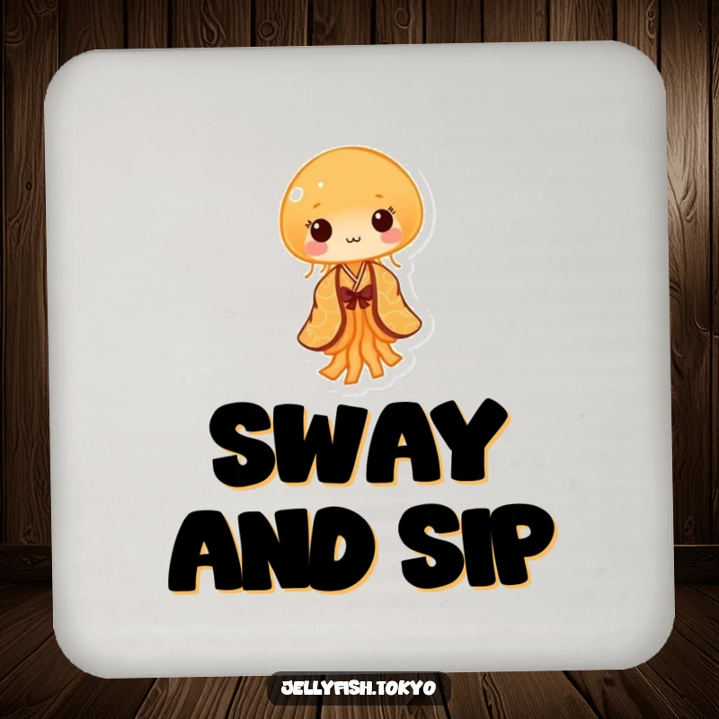 Funny Coaster: Tiny orange jellyfish, patterned kimono, performing gentle sway, humorous table protector.
