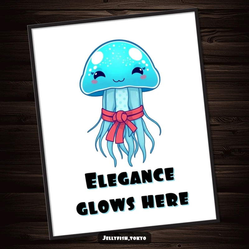 Funny Poster: Sparkling blue jellyfish with Japanese obi, emitting soft glow, radiant and humorous art.