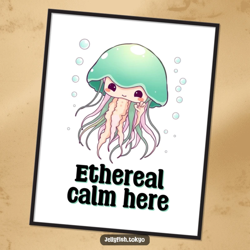 Funny Poster: Large ethereal jellyfish, emerald green kimono, surrounded by tiny bubbles, atmospheric art.
