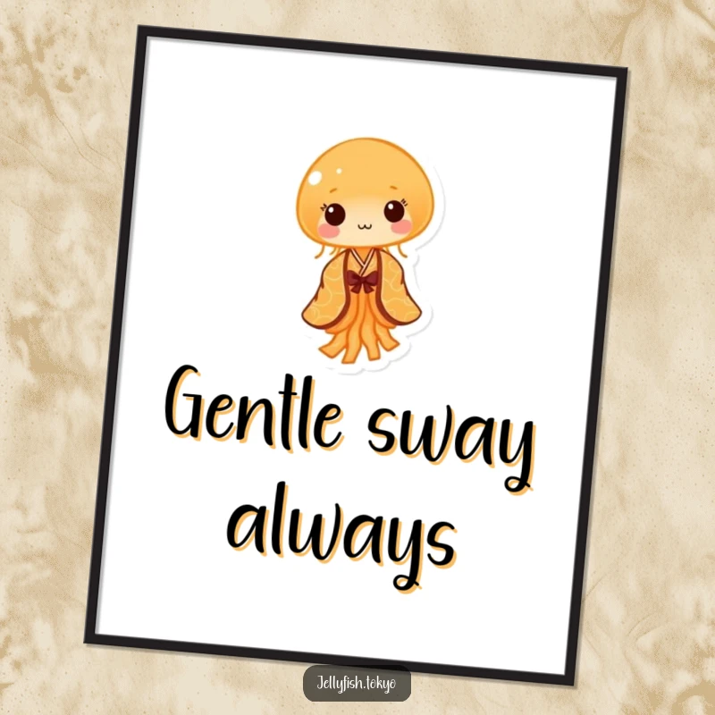 Funny Poster: Tiny orange jellyfish, patterned kimono, performing gentle sway, delicate and humorous art.